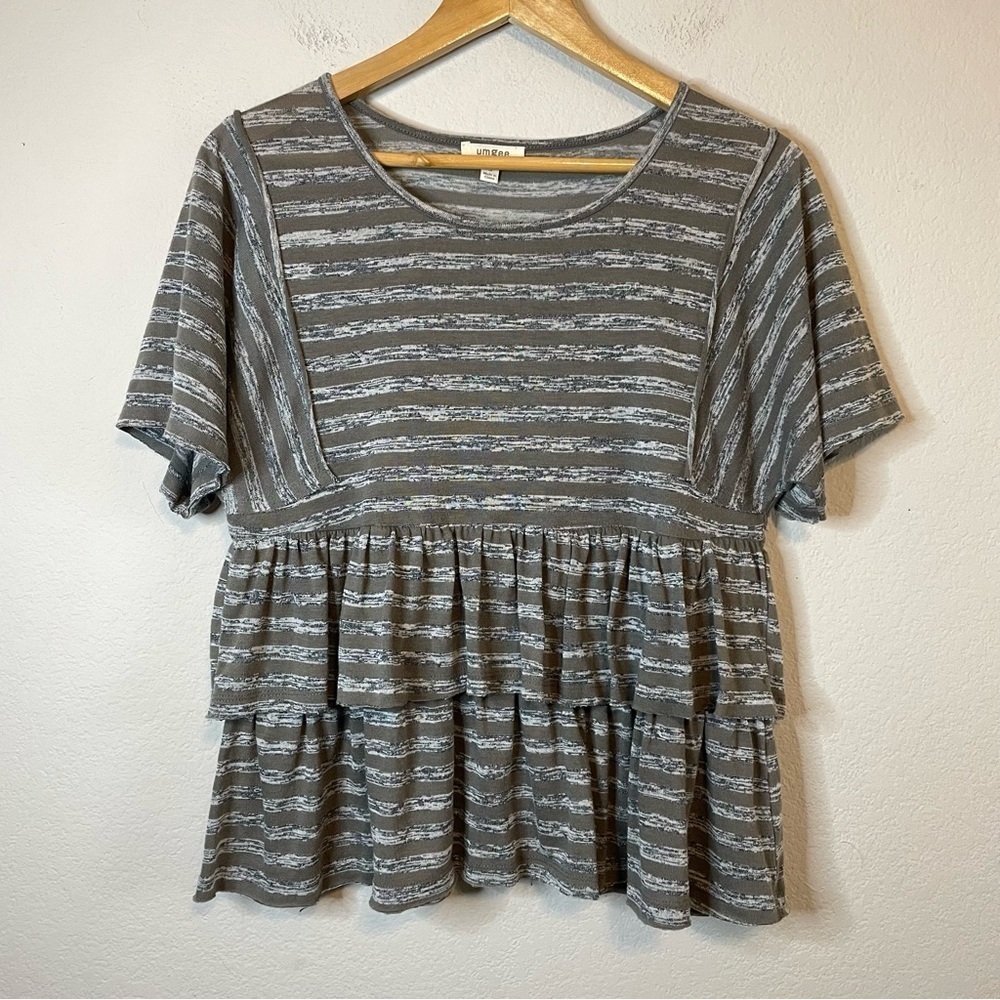 Umgee Short Sleeve Babydoll Style Tiered Ruffle Cotton Blend Shirt Stripe Gray